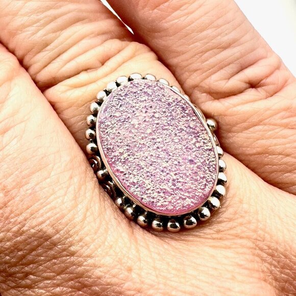 Sajen Womens Ring Pink Druzy Quartz Sterling Silver Size 9 Designer - Picture 1 of 5